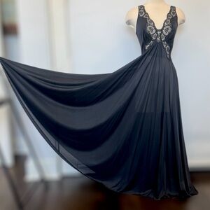 Vintage OLGA Black Silky Nylon Lace Bodysilk Maxi Gown Slip Dress Nightgown L